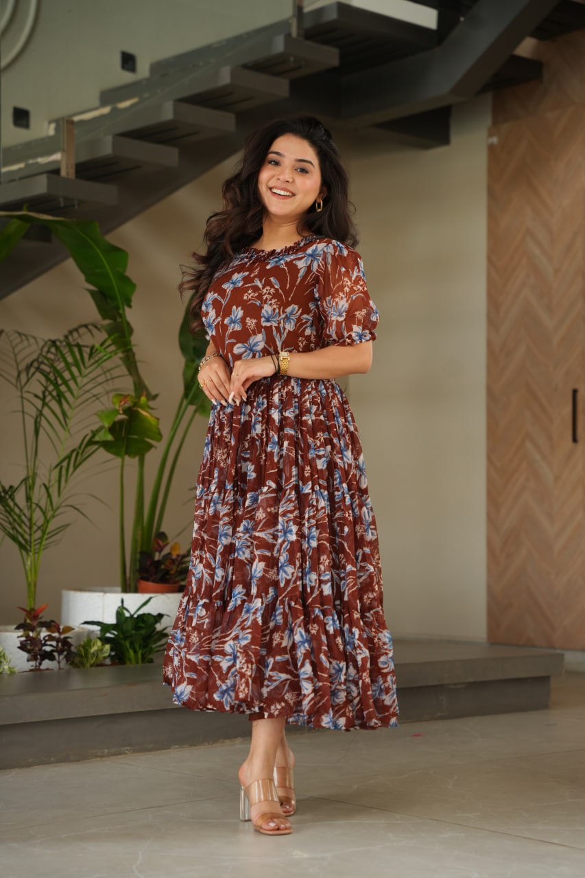 Brown Elegant Printed Faux Georgette Gown