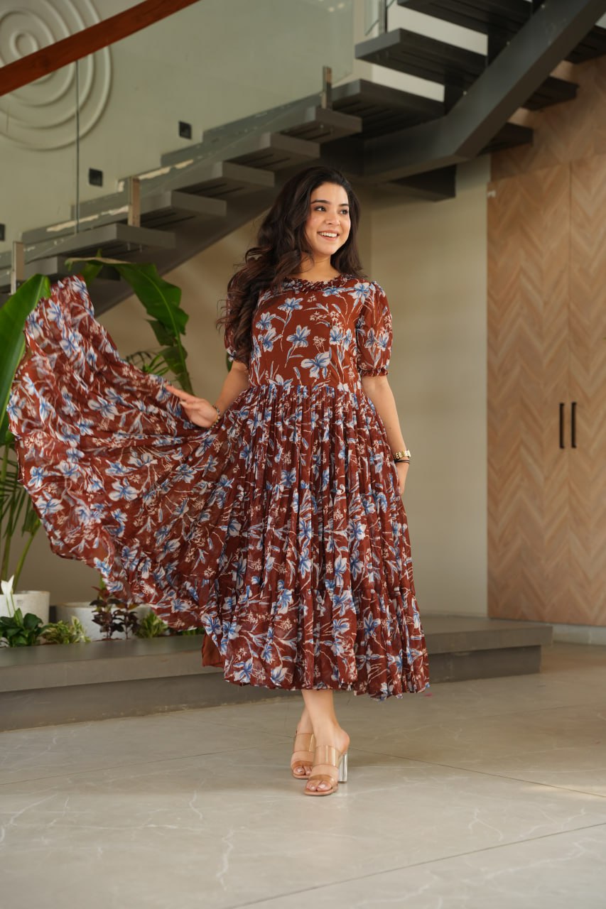 Brown Elegant Printed Faux Georgette Gown