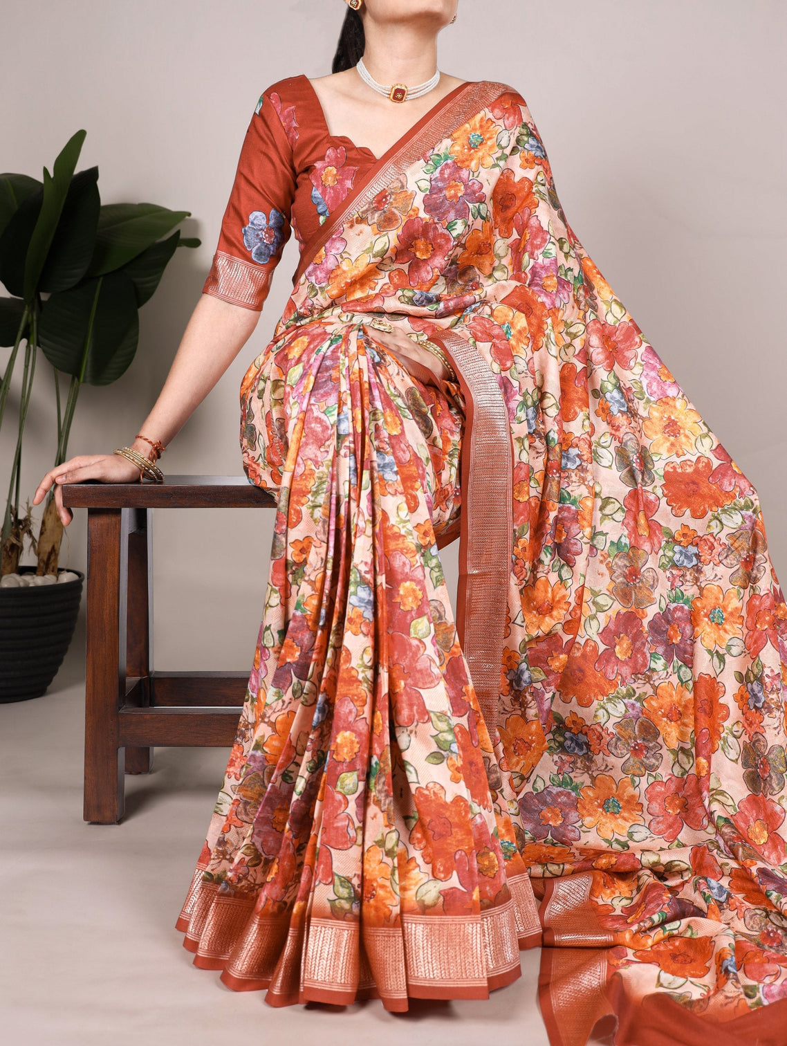 Brown Elegant Tussar Silk Floral Printed Saree with Viscose Border