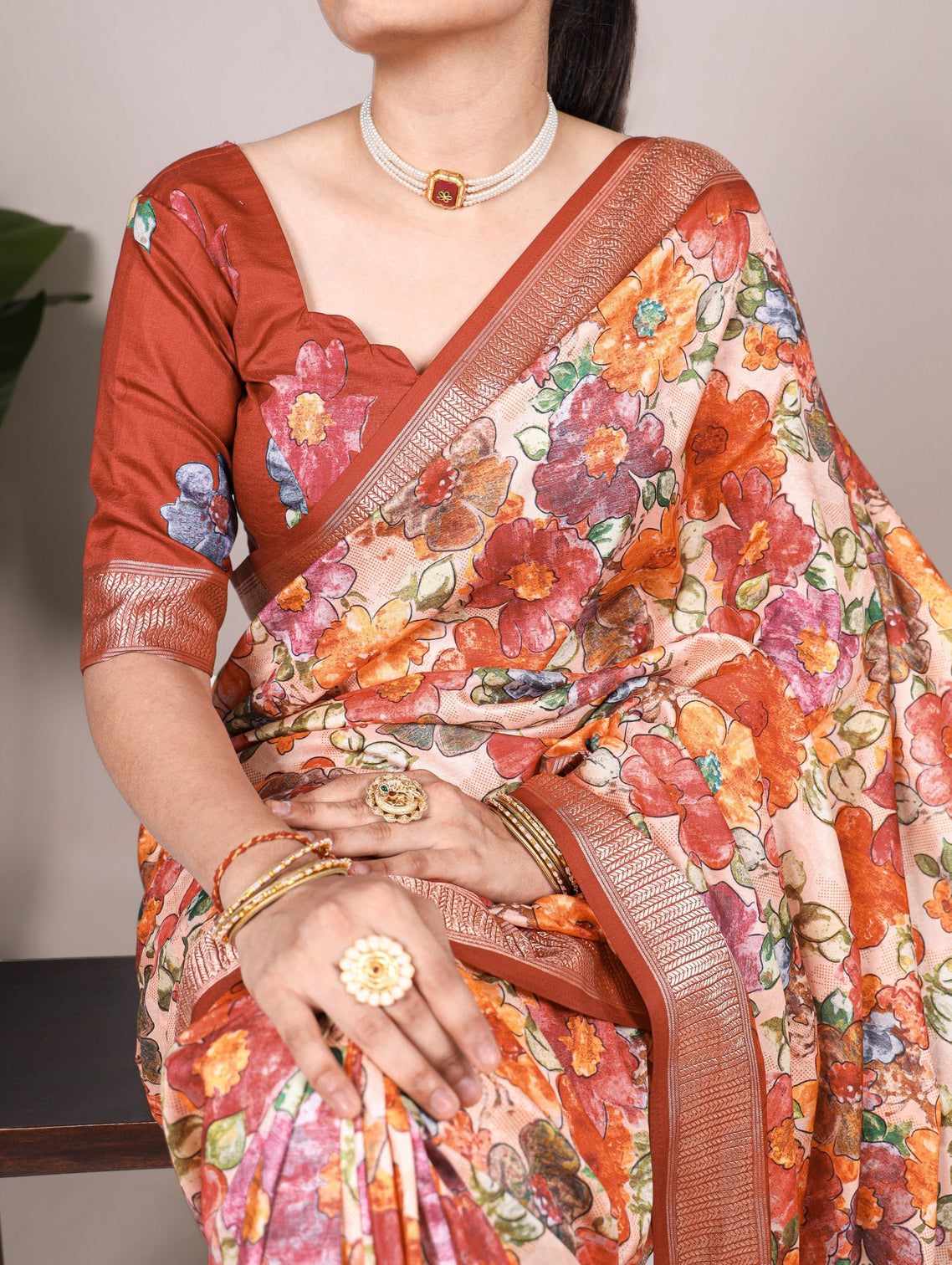 Brown Elegant Tussar Silk Floral Printed Saree with Viscose Border
