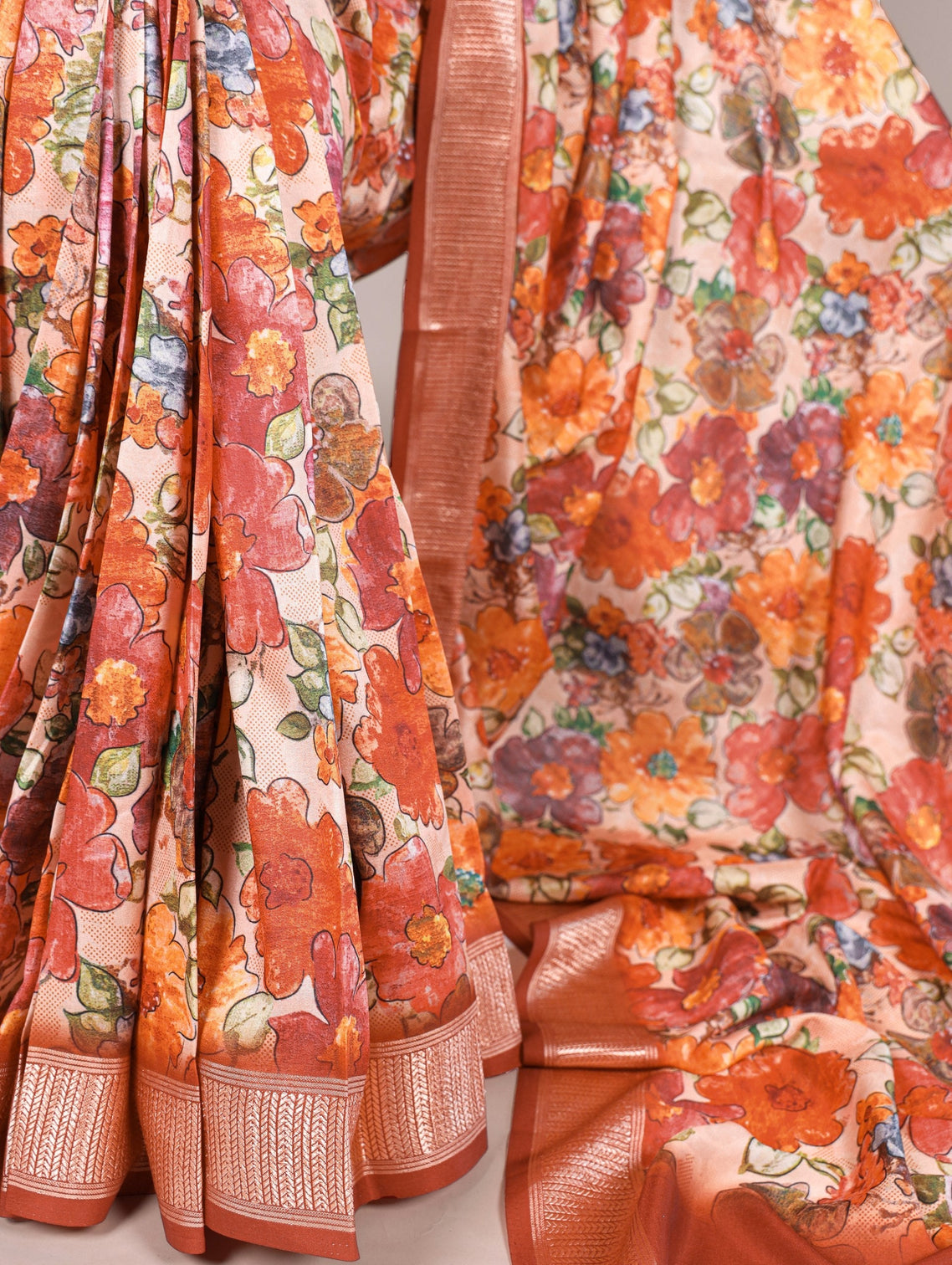 Brown Elegant Tussar Silk Floral Printed Saree with Viscose Border