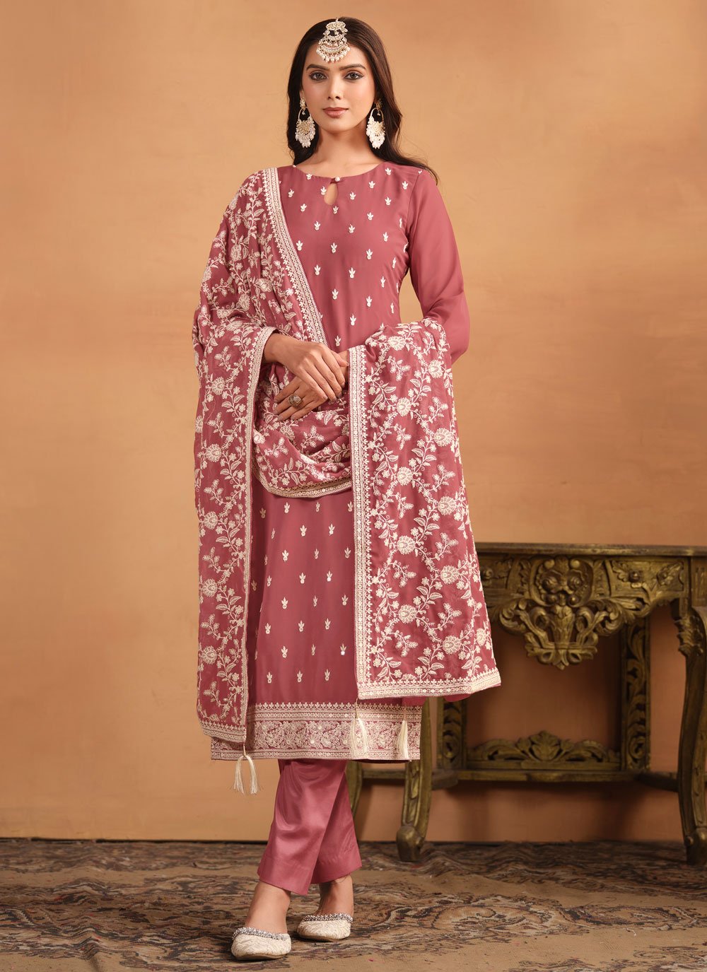 Brown embroidered faux georgette straight cut suit