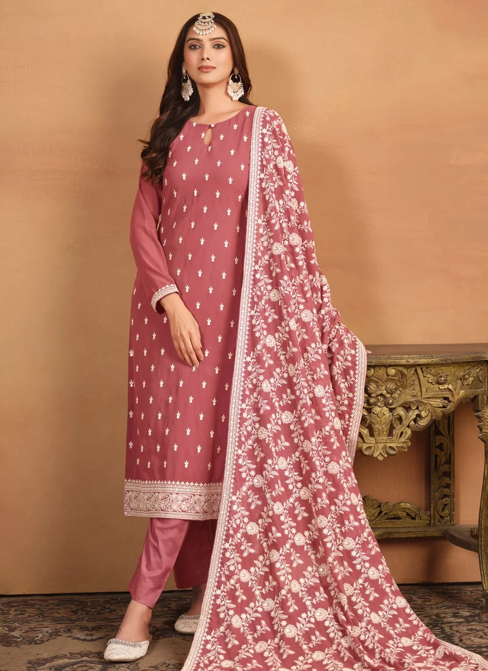 Brown embroidered faux georgette straight cut suit