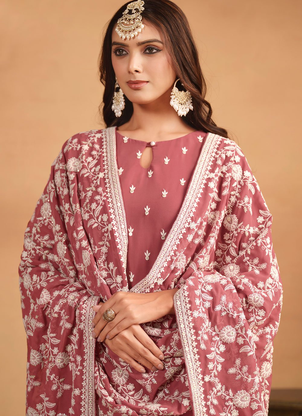 Brown embroidered faux georgette straight cut suit