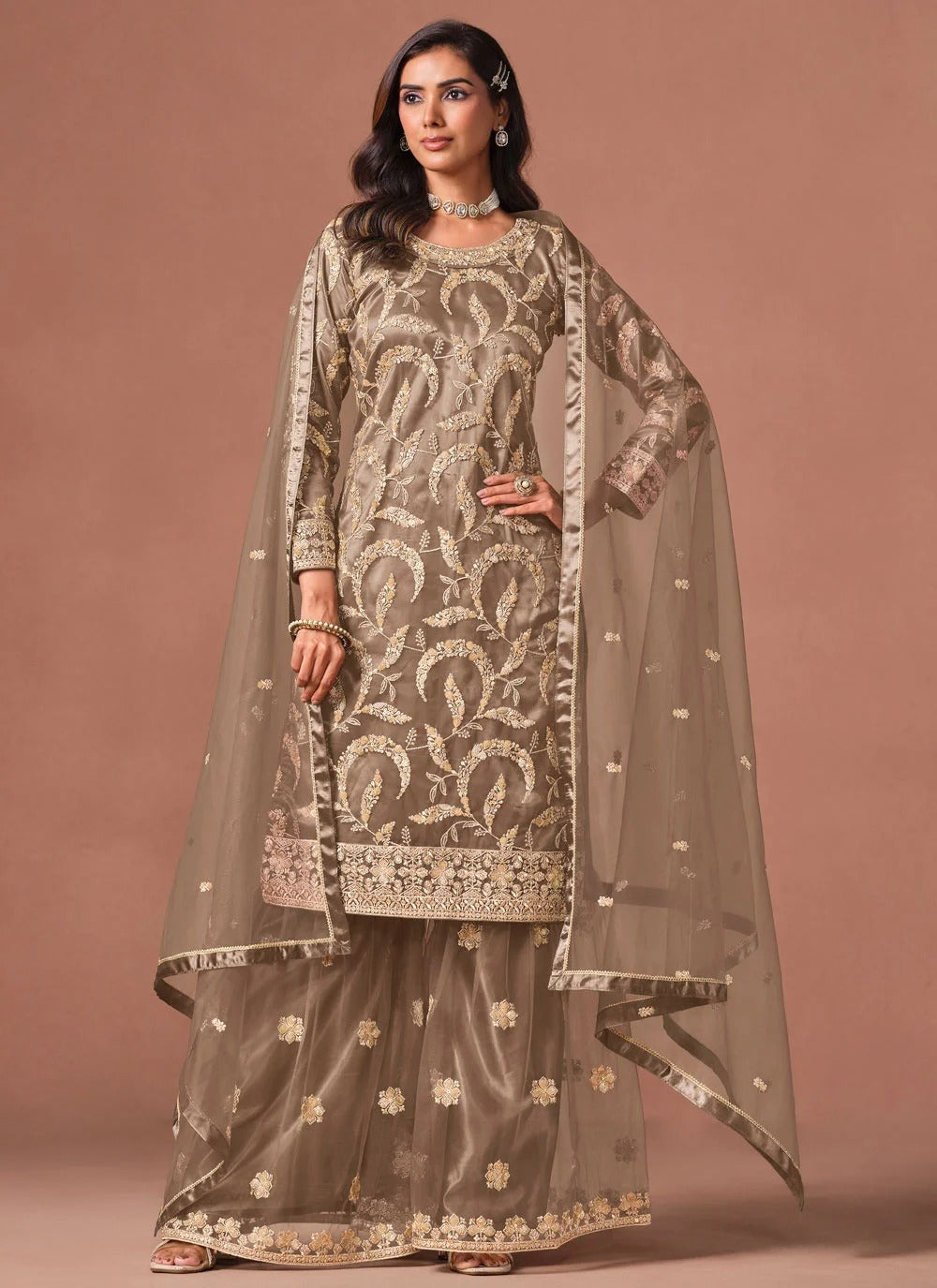 Brown embroidered palazzo suit with sequins zari work