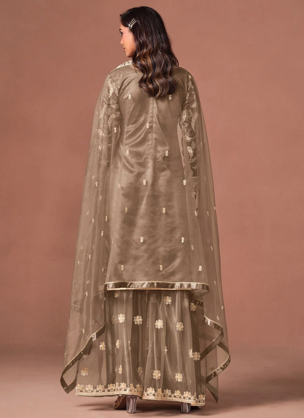 Brown embroidered palazzo suit with sequins zari work