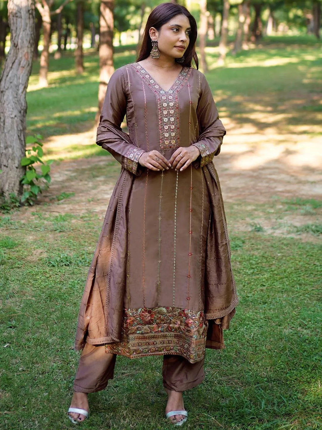 Libas Brown Embroidered Silk Straight Suit With Dupatta