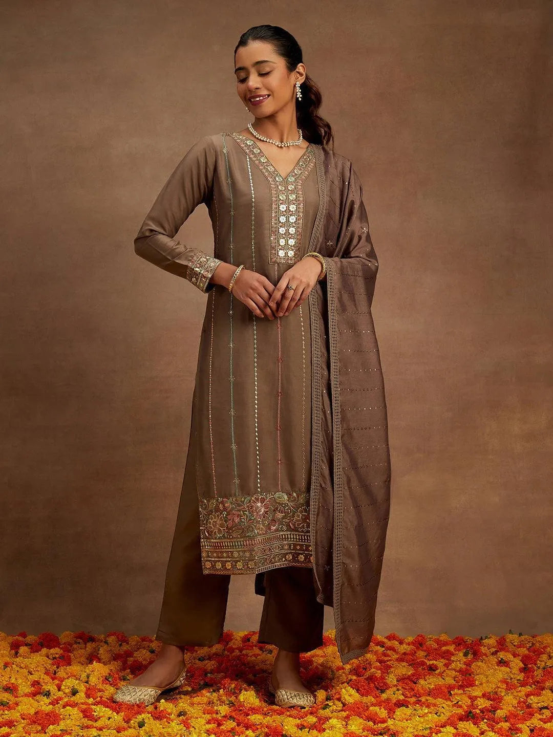 Libas Brown Embroidered Silk Straight Suit With Dupatta