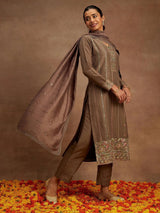 Libas Brown Embroidered Silk Straight Suit With Dupatta