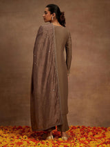 Libas Brown Embroidered Silk Straight Suit With Dupatta