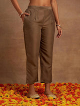 Libas Brown Embroidered Silk Straight Suit With Dupatta