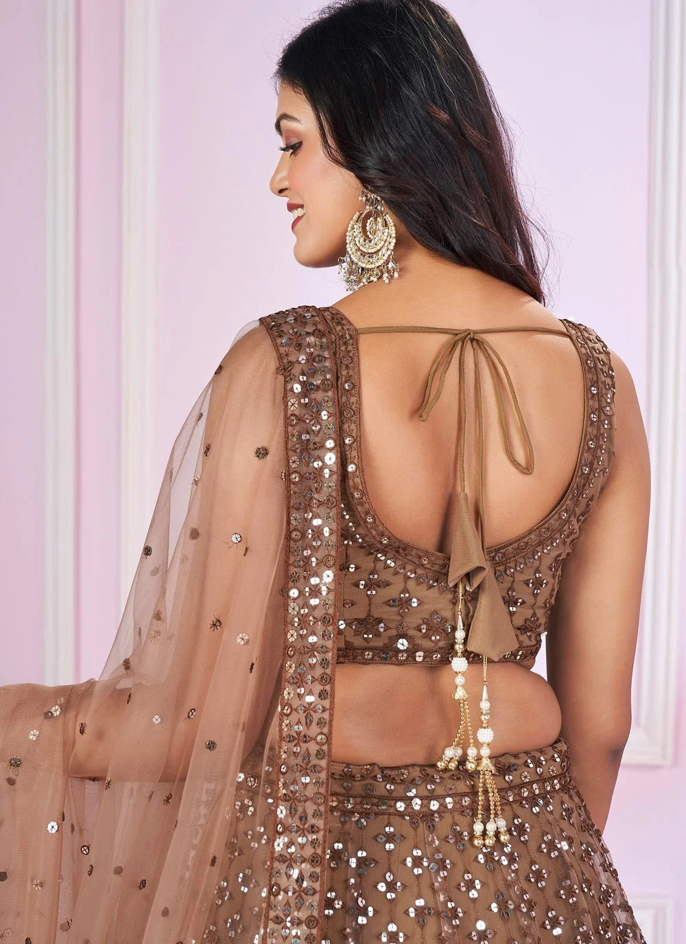 Traditional brown soft net lehenga choli with sequins thread embroidery