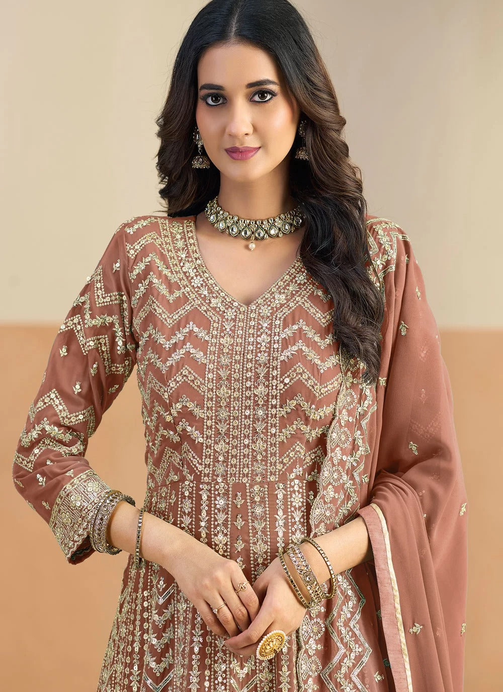 Brown faux georgette floor length anarkali suit with heavy embroidery work
