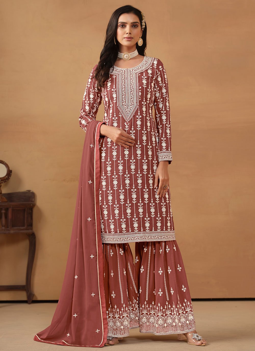 Brown faux georgette embroidered palazzo suit for women