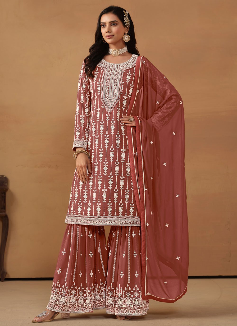 Brown faux georgette embroidered palazzo suit for women