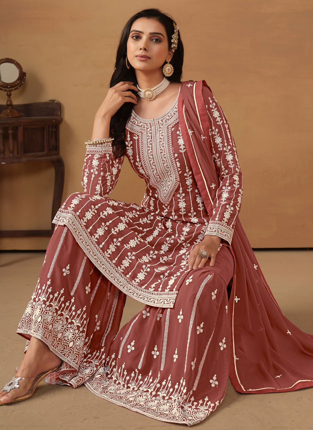 Brown faux georgette embroidered palazzo suit for women