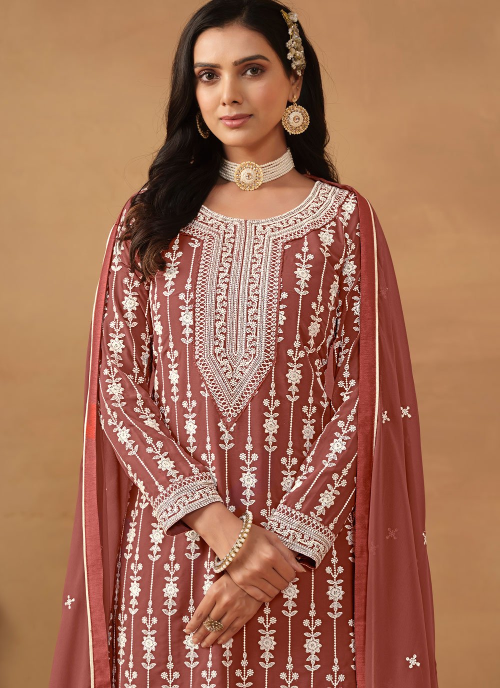 Brown faux georgette embroidered palazzo suit for women