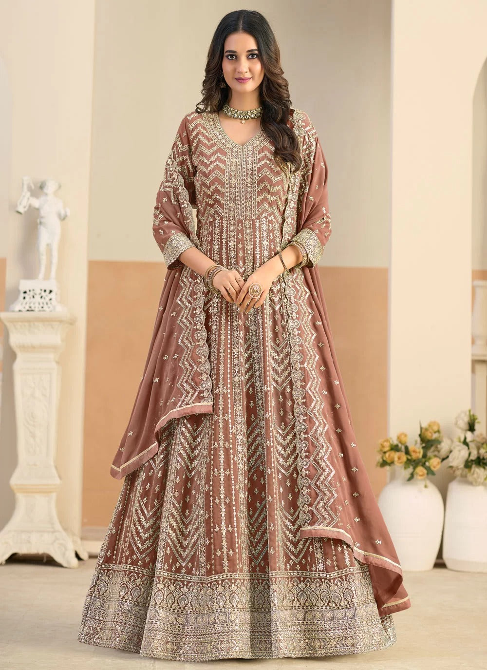 Brown faux georgette floor length anarkali suit with heavy embroidery work