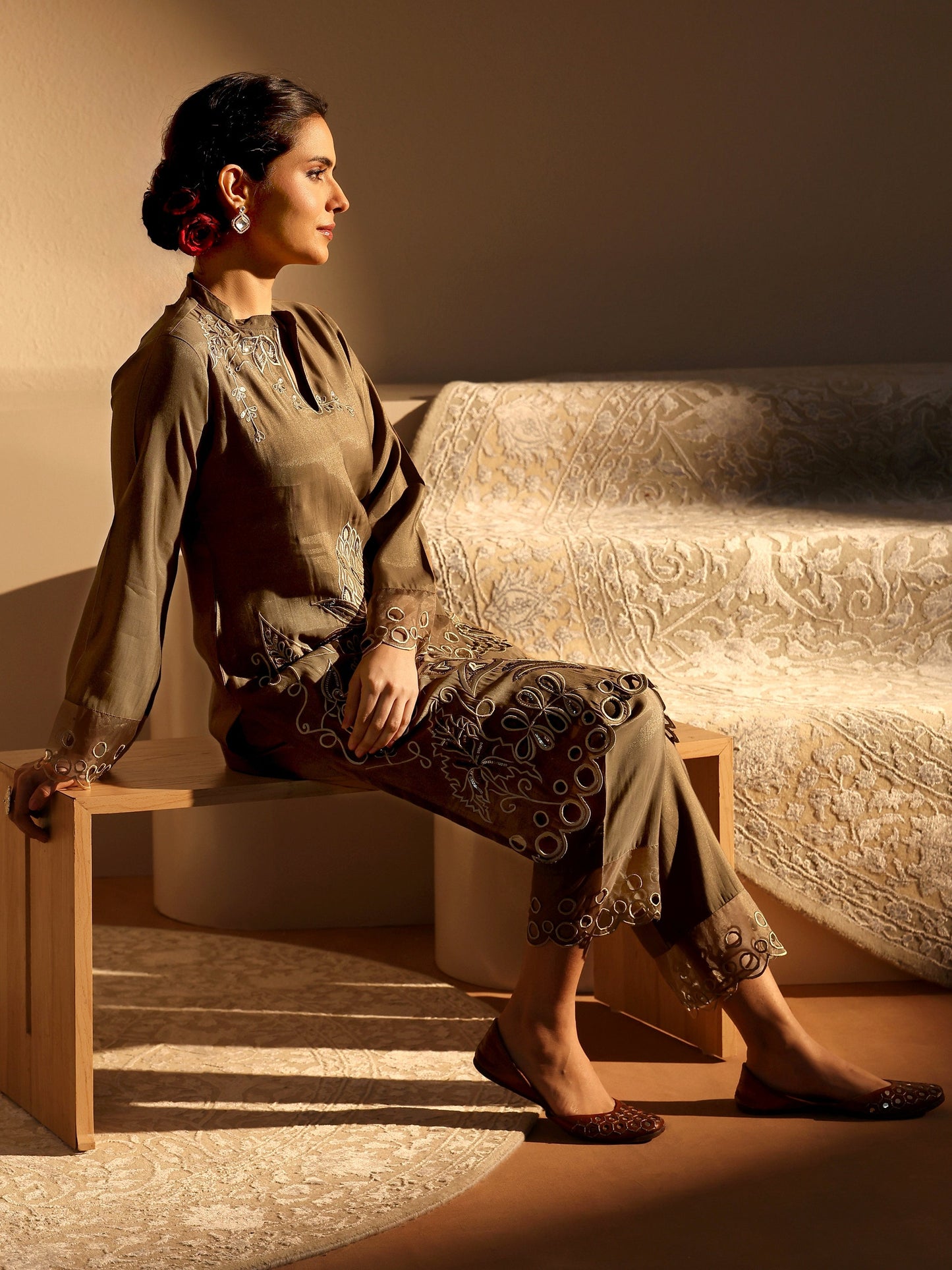 Libas Brown Floral Embroidered Silk Blend Co-Ord Set