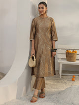 Libas Brown Floral Embroidered Silk Blend Straight Kurta Set