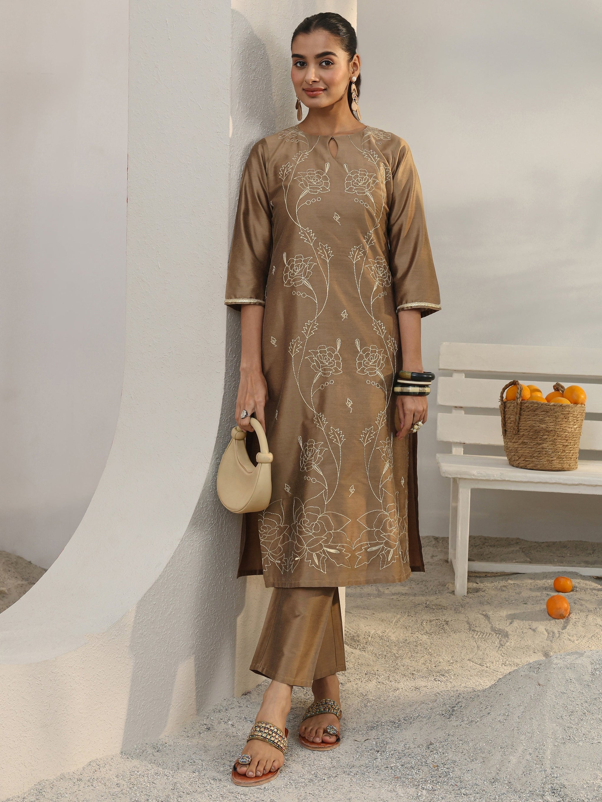 Libas Brown Floral Embroidered Silk Blend Straight Kurta Set