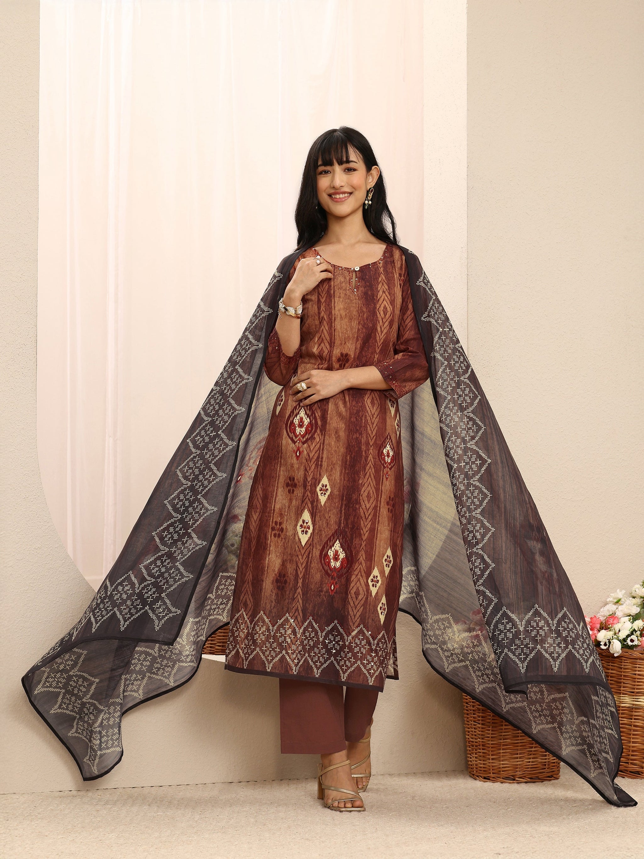 Libas Brown Geometric Printed Cotton Blend Straight Suit Set With Dupatta