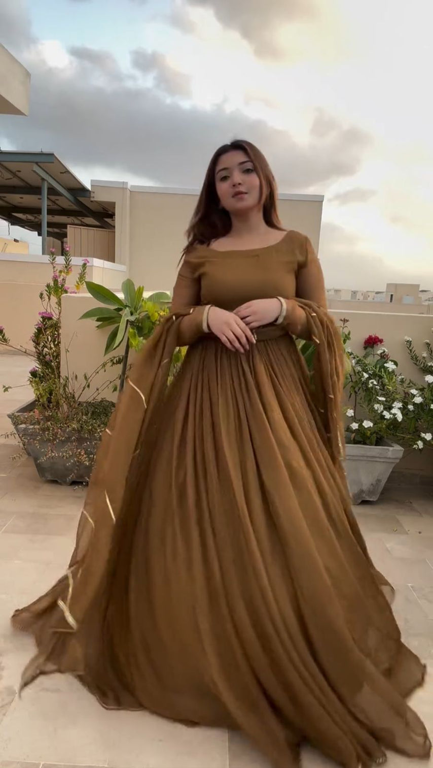 Brown Georgette Anarkali with Dupatta