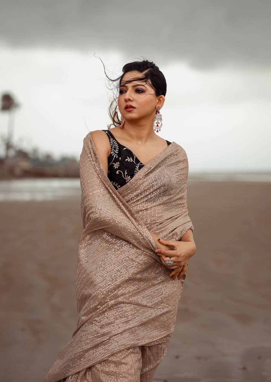 Brown Skin Sequin Georgette Saree