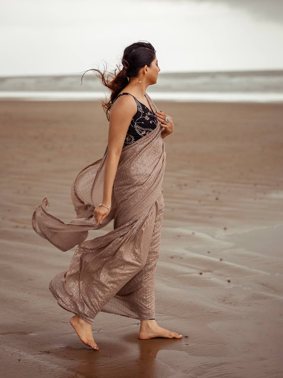 Brown Skin Sequin Georgette Saree
