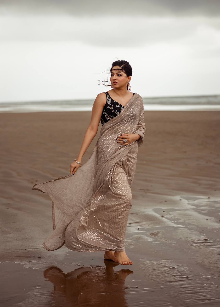 Brown Skin Sequin Georgette Saree