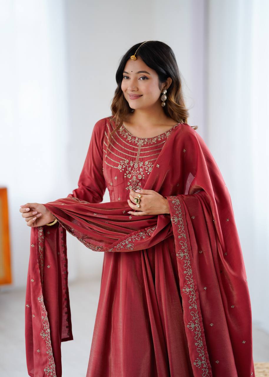 Brown Heavy Roman Shimmer Chanderi Silk Anarkali Set with Handwork Beads & Dupatta