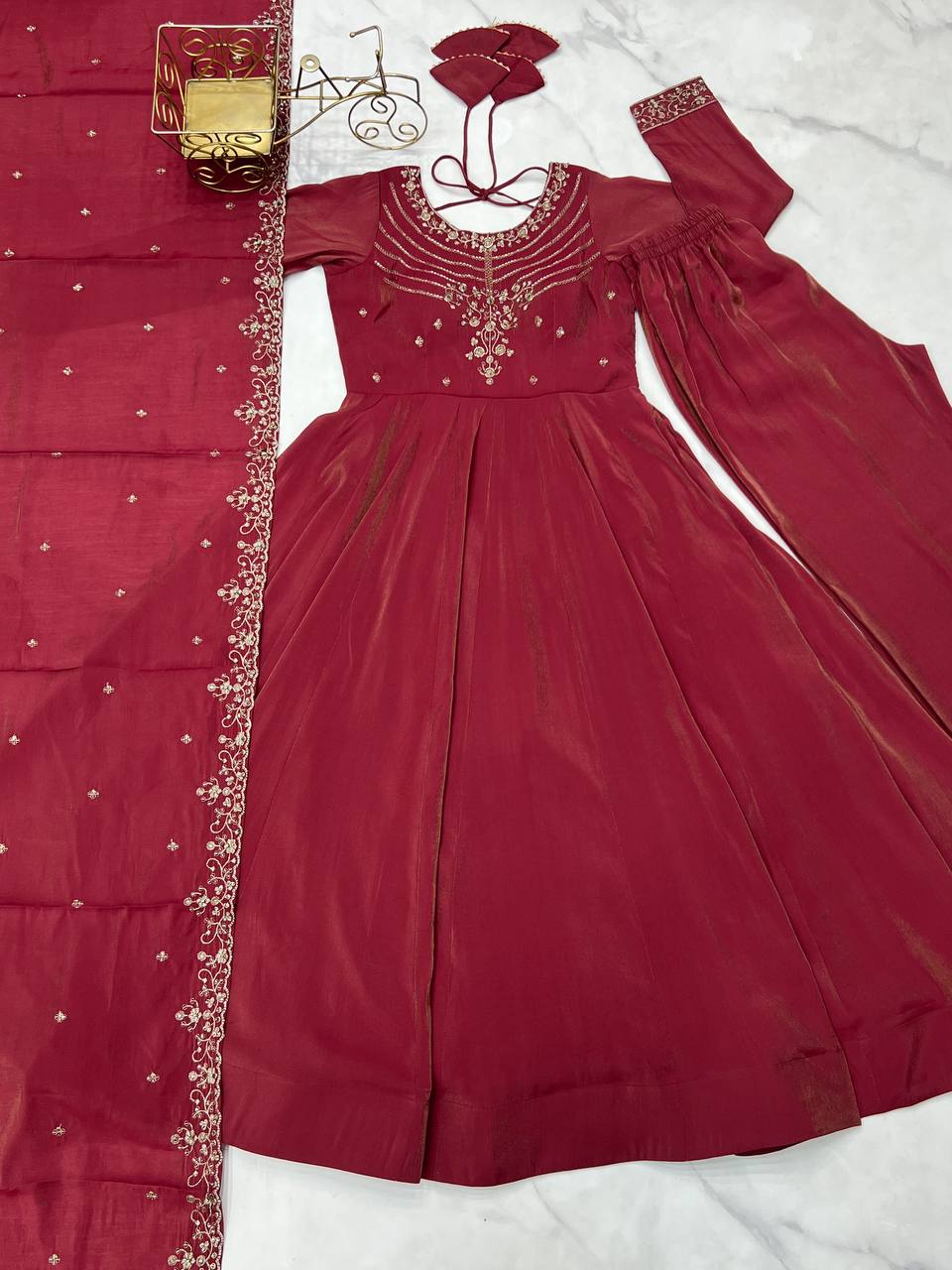 Brown Heavy Roman Shimmer Chanderi Silk Anarkali Set with Handwork Beads & Dupatta