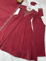 Brown Heavy Roman Shimmer Chanderi Silk Anarkali Set with Handwork Beads & Dupatta