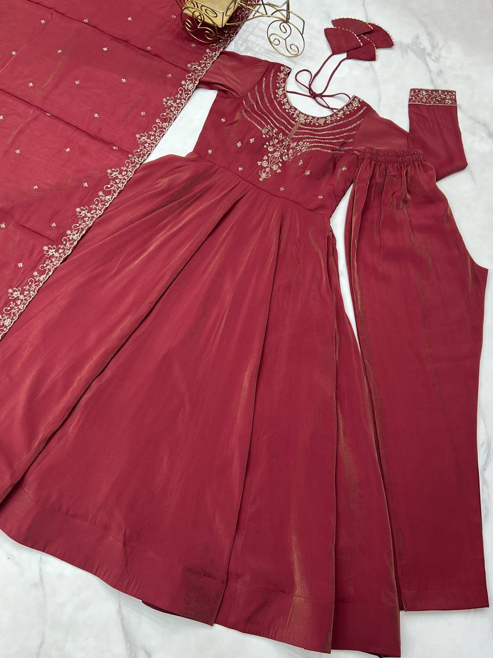 Brown Heavy Roman Shimmer Chanderi Silk Anarkali Set with Handwork Beads & Dupatta