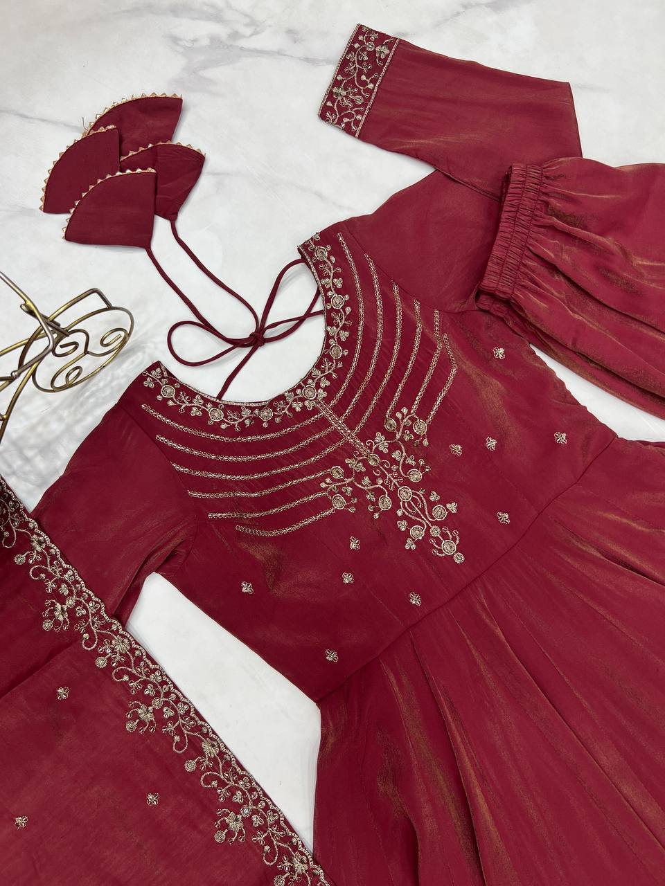 Brown Heavy Roman Shimmer Chanderi Silk Anarkali Set with Handwork Beads & Dupatta