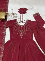 Brown Heavy Roman Shimmer Chanderi Silk Anarkali Set with Handwork Beads & Dupatta