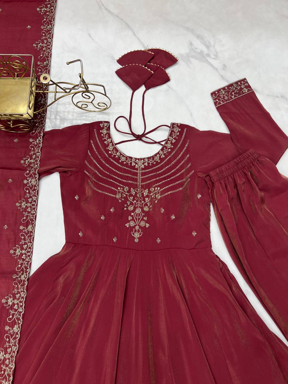 Brown Heavy Roman Shimmer Chanderi Silk Anarkali Set with Handwork Beads & Dupatta