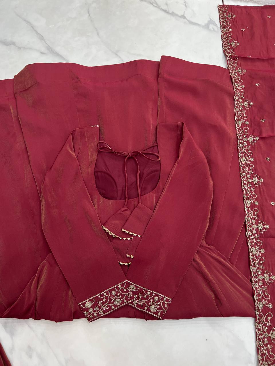 Brown Heavy Roman Shimmer Chanderi Silk Anarkali Set with Handwork Beads & Dupatta
