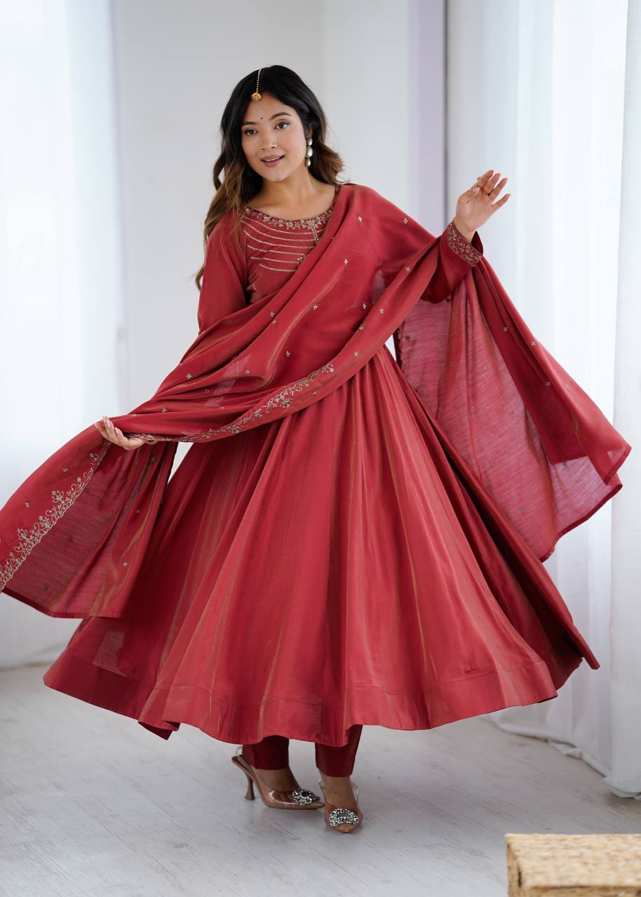 Brown Heavy Roman Shimmer Chanderi Silk Anarkali Set with Handwork Beads & Dupatta