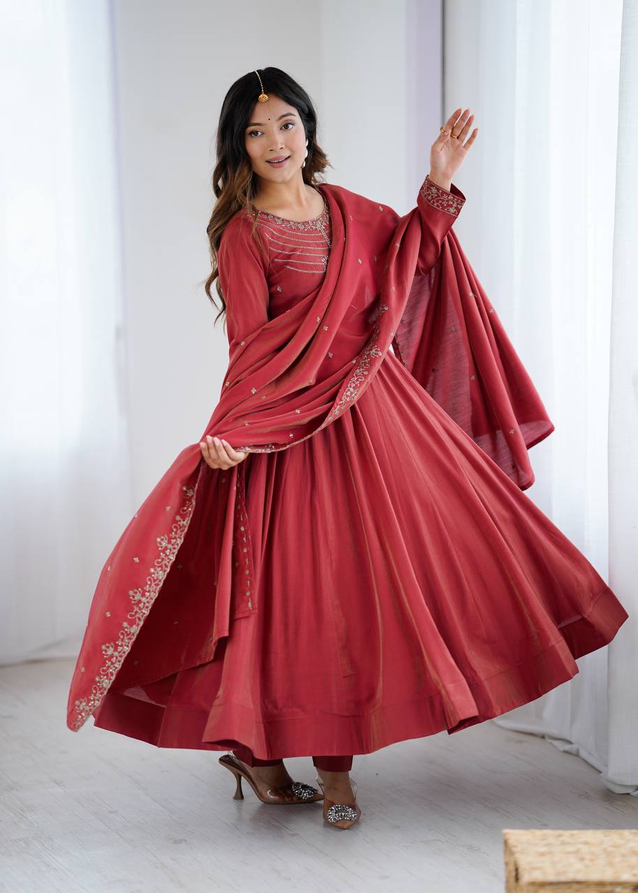 Brown Heavy Roman Shimmer Chanderi Silk Anarkali Set with Handwork Beads & Dupatta