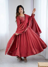 Brown Heavy Roman Shimmer Chanderi Silk Anarkali Set with Handwork Beads & Dupatta