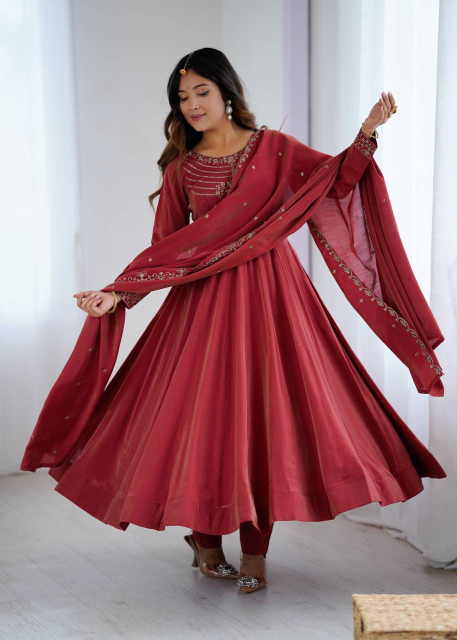 Brown Heavy Roman Shimmer Chanderi Silk Anarkali Set with Handwork Beads & Dupatta