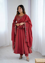 Brown Heavy Roman Shimmer Chanderi Silk Anarkali Set with Handwork Beads & Dupatta