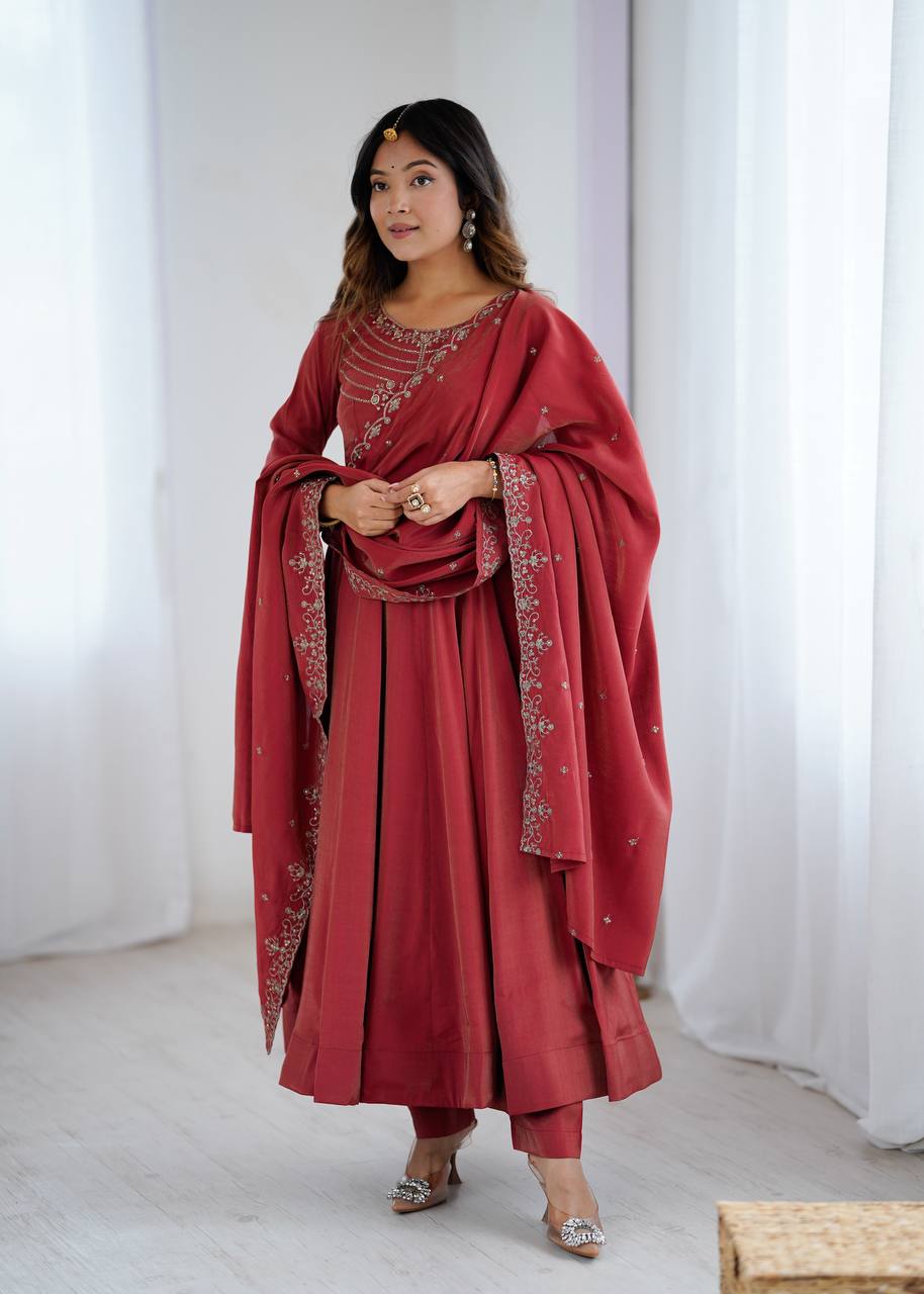 Brown Heavy Roman Shimmer Chanderi Silk Anarkali Set with Handwork Beads & Dupatta