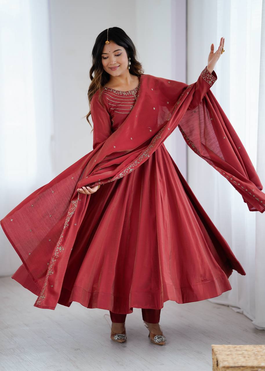 Brown Heavy Roman Shimmer Chanderi Silk Anarkali Set with Handwork Beads & Dupatta