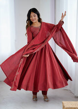 Brown Heavy Roman Shimmer Chanderi Silk Anarkali Set with Handwork Beads & Dupatta