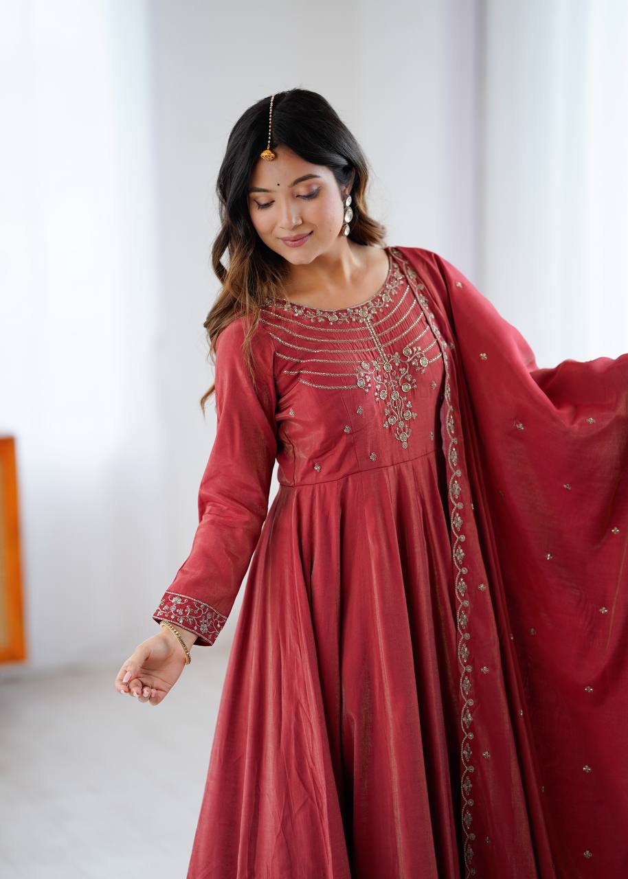 Brown Heavy Roman Shimmer Chanderi Silk Anarkali Set with Handwork Beads & Dupatta