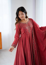 Brown Heavy Roman Shimmer Chanderi Silk Anarkali Set with Handwork Beads & Dupatta