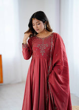 Brown Heavy Roman Shimmer Chanderi Silk Anarkali Set with Handwork Beads & Dupatta