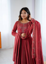 Brown Heavy Roman Shimmer Chanderi Silk Anarkali Set with Handwork Beads & Dupatta